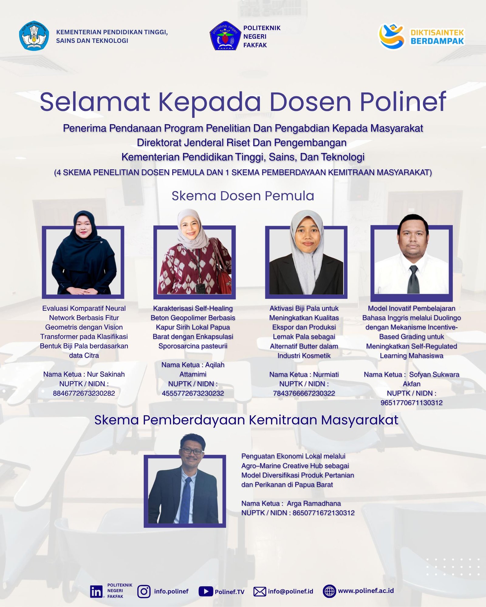 Selamat kepada para dosen Politeknik Negeri Fakfak atas keberhasilannya meraih pendanaan Program Penelitian dan Pengabdian kepada Masyarakat BIMA Tahun 2026.